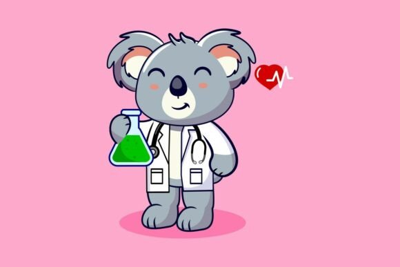 Cute Cartoon Koala Doctor Holding Flask