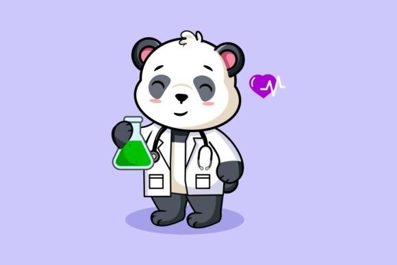 Cute Cartoon Panda Doctor Holding Flask
