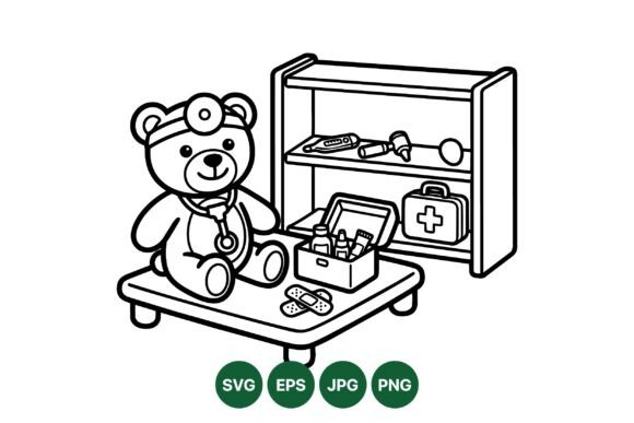 Cute Teddy Doctor Clipart Line Art