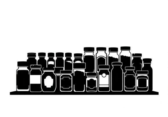 Silhouette of Various Bottles on a Shelf